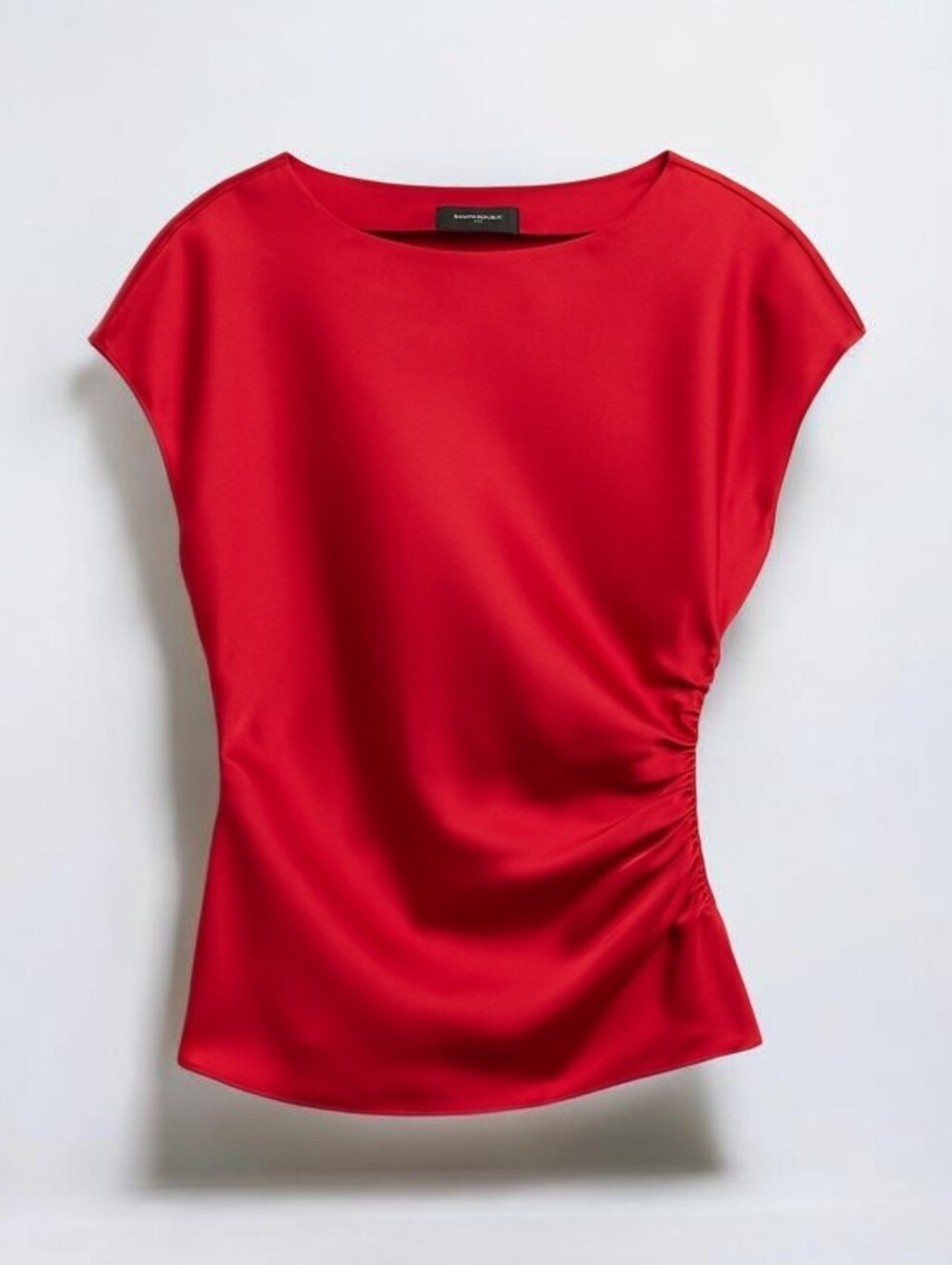 Like New! Banana Republic Red Satin Cap Sleeve Boat Neck Side Shirred Top
